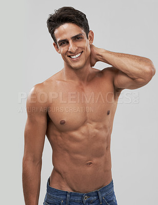 Buy stock photo Man, portrait and happy or shirtless bodybuilder in studio, smile and fitness by gray background. Male person, abs and strong core or muscular abdomen, confident and results or progress from exercise