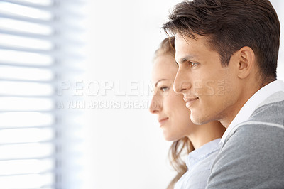 Buy stock photo Couple, hug and love or bonding by window, peaceful and romance in relationship or marriage. People, support and relaxed in embrace, commitment and loyalty in partnership and trust or unity together
