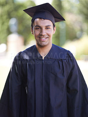 Buy stock photo Happy man, portrait and outdoor graduation for qualification, learning or career ambition in education. Male person, student or graduate smile for higher certificate, diploma or degree in nature