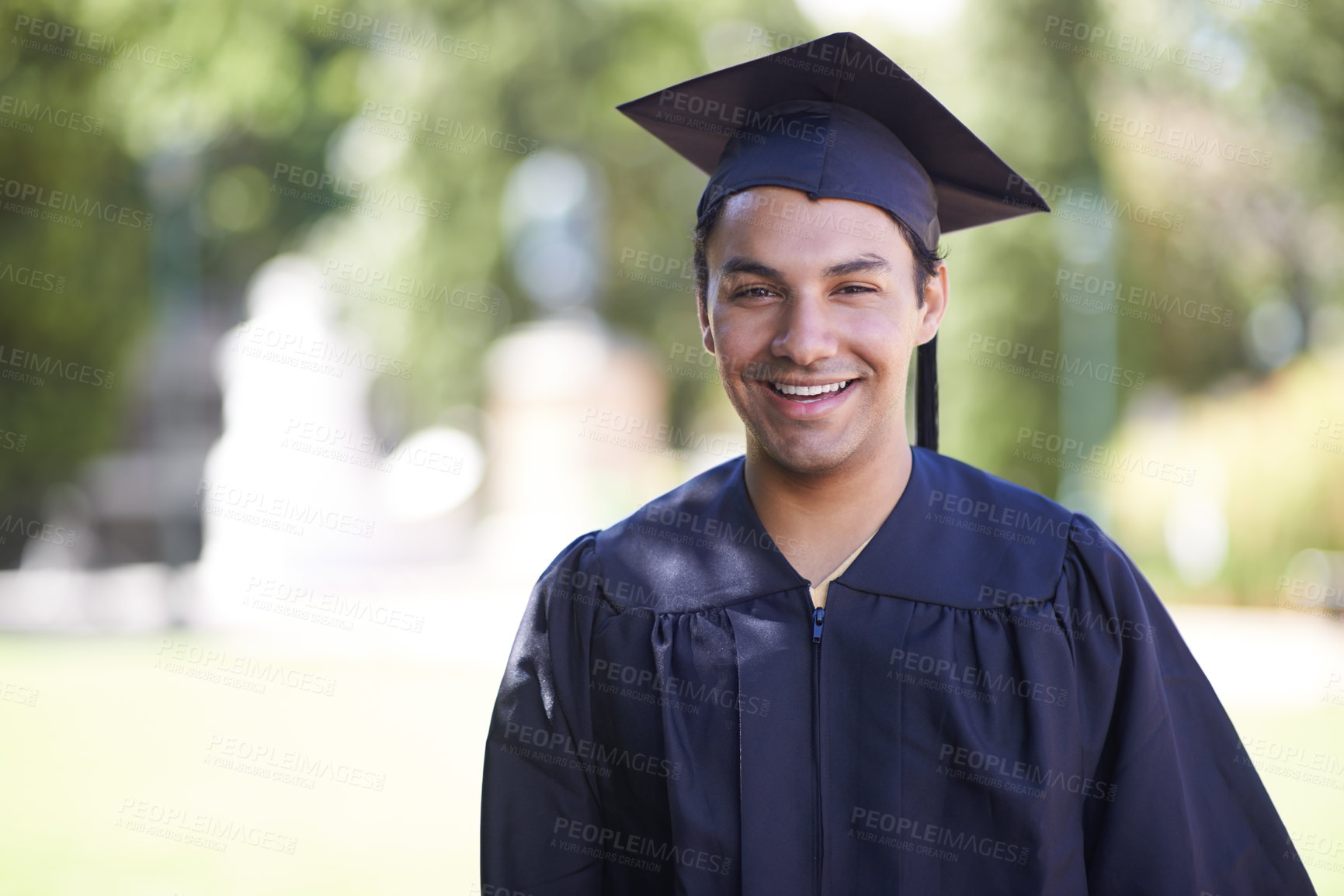 Buy stock photo Happy man, portrait and outdoor graduation for education, learning or qualification in career ambition. Male person, student or graduate smile for higher certificate, diploma or degree in nature