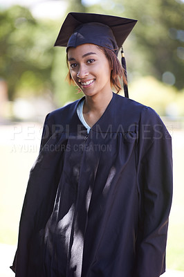 Buy stock photo Happy woman, portrait and outdoor graduation for qualification, learning or career ambition in education. Female person, student or graduate smile for higher certificate, diploma or degree in nature