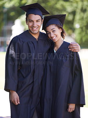 Buy stock photo Happy couple, portrait and hug for outdoor graduation, qualification or career ambition in education. Man and woman student or graduate smile for higher certificate, diploma or degree in nature