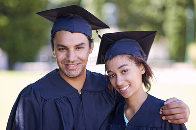 Buy stock photo Happy couple, portrait and hug together for graduation, qualification or career ambition in education. Face of man, woman student or graduate smile for higher certificate, diploma or degree in nature