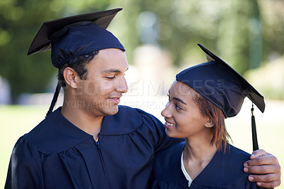 Buy stock photo Couple, graduate and man hug woman for education and academic success with ceremony outdoor. Certification, achievement and event at university with happy people together for milestone and award