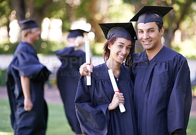 Buy stock photo Happy couple, portrait and hug with certificate for graduation, qualification or education in nature. Man and woman student or graduate smile in higher certificate, diploma or degree together outdoor