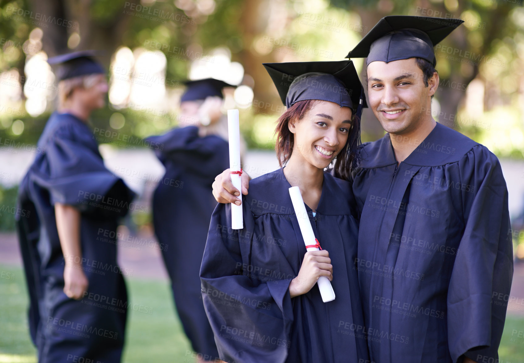 Buy stock photo Happy couple, portrait and hug with certificate for graduation, qualification or education in nature. Man and woman student or graduate smile in higher certificate, diploma or degree together outdoor
