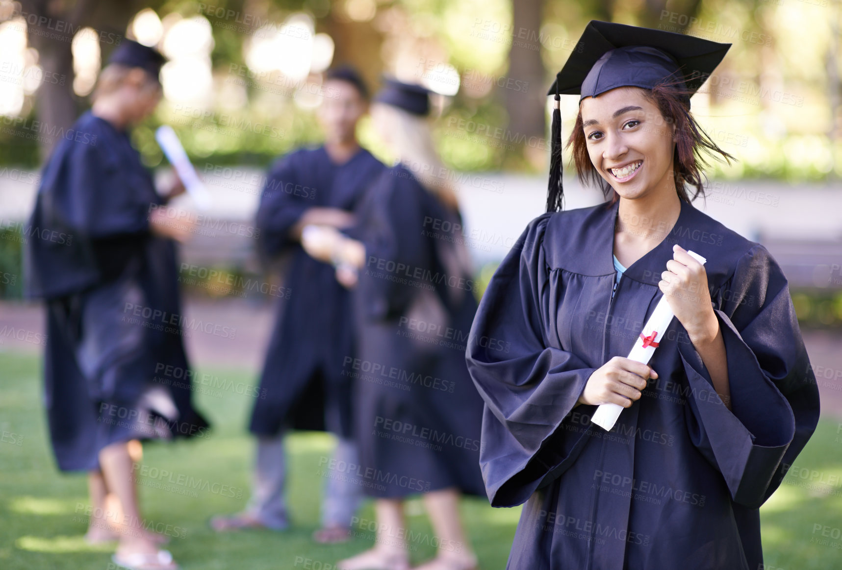 Buy stock photo Happy woman, portrait and student with certificate in graduation for education, learning or qualification. Young female person or graduate smile for scholarship, diploma or degree at outdoor ceremony