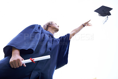 Buy stock photo Happy man, student and certificate with cap in graduation for qualification, education or career ambition. Male person or graduate throwing hat with diploma, degree or celebration at outdoor ceremony
