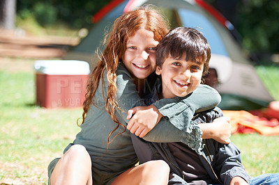 Buy stock photo Hug, camping or portrait of happy kids in nature for playing, adventure or holiday vacation in park. Wellness, relax or children friends with smile in woods, garden or forest for fun hiking or travel
