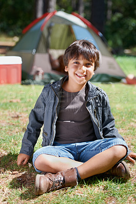 Buy stock photo Relax, camping or portrait of happy kid in nature for playing, adventure or holiday vacation in park. Grass, confidence or male child with smile in woods, garden or forest for fun hiking or childhood