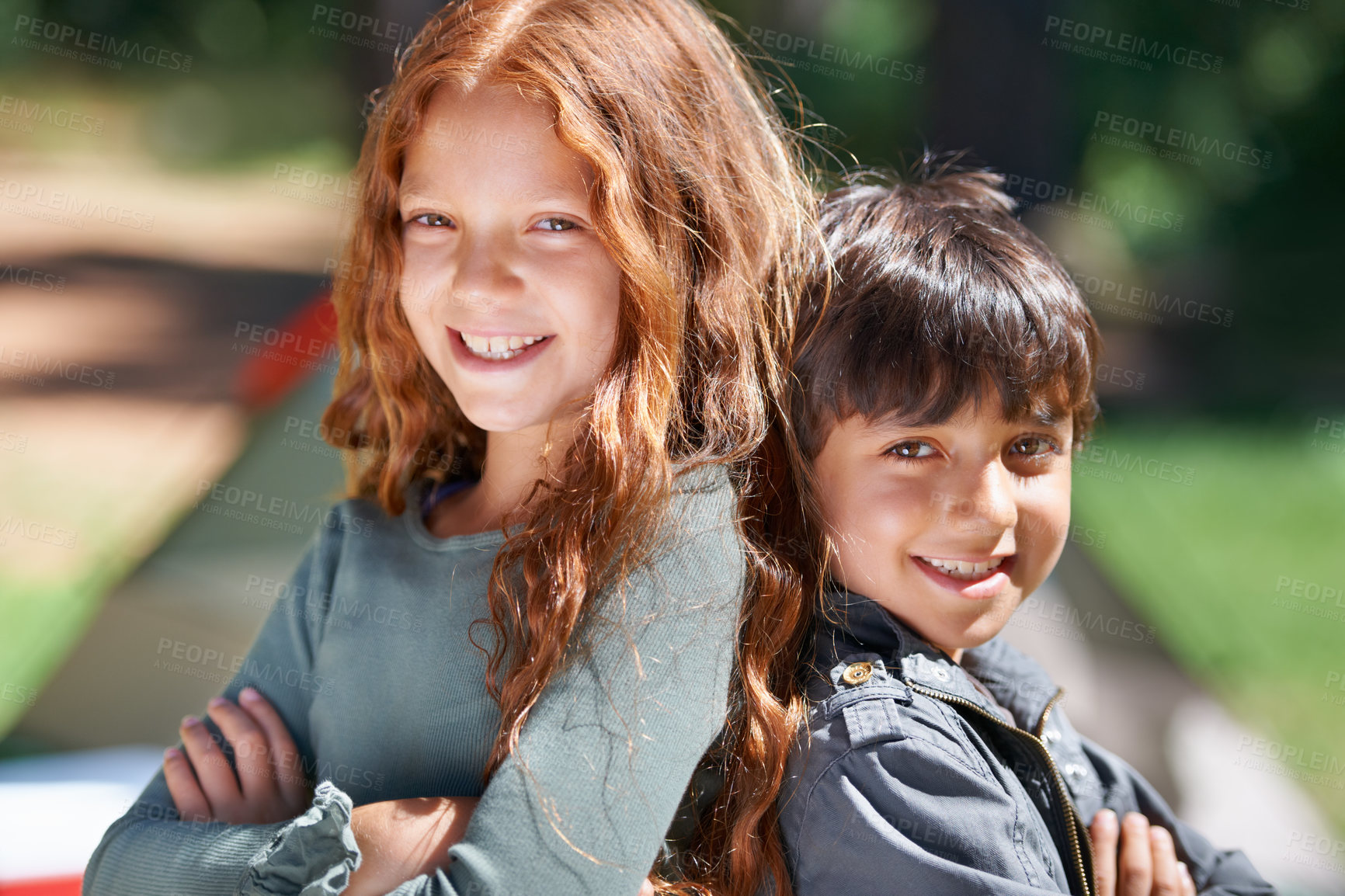 Buy stock photo Arms crossed, camping or portrait of happy kids in nature for playing, adventure or holiday vacation in park. Friends, relax or children with smile in woods, garden or forest for fun hiking or travel