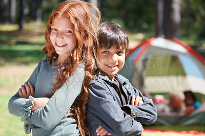 Buy stock photo Arms crossed, kids camping or portrait of friends in nature for playing, adventure or holiday vacation in park. Happy, relax or children with smile in woods, garden or forest for fun hiking or travel