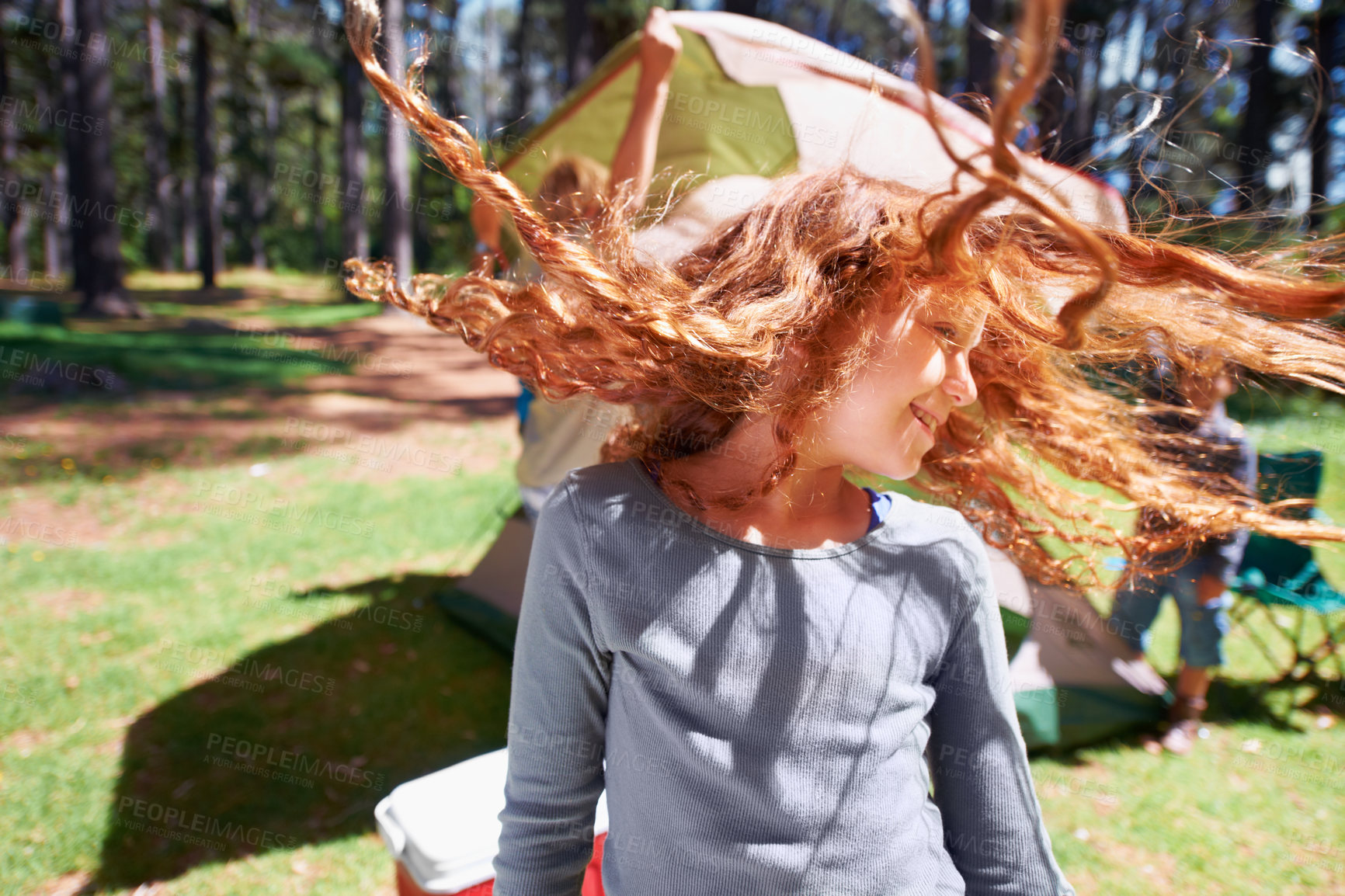 Buy stock photo Happy girl, dancing or camping in park to celebrate freedom on fun outdoor holiday vacation in summer. Woods, playful or excited children with smile for twirling hair or wellness in nature or forest