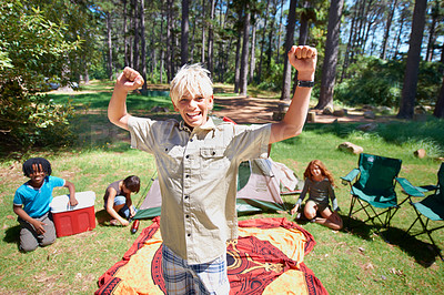 Buy stock photo Happy kid, portrait or camping success in nature celebration for winning or goal on holiday vacation. Woods, hands up or excited children with smile for victory, freedom or wellness in forest or park