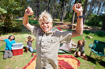 Buy stock photo Happy boy, portrait or camping success in nature celebration for winning or goal on holiday vacation. Woods, hands up or excited children with smile for victory, kids or wellness in forest or park