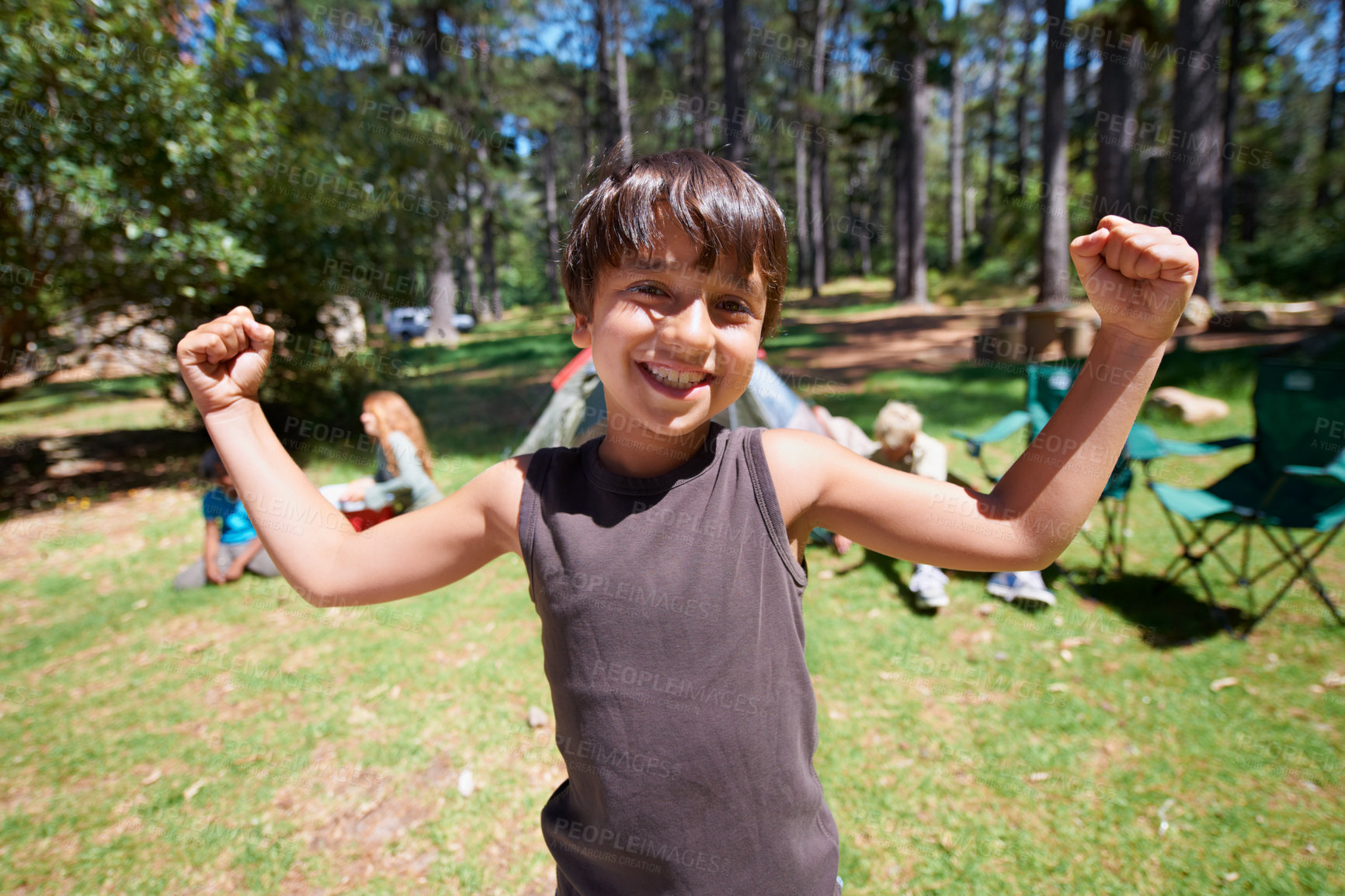 Buy stock photo Child, portrait and freedom on camping adventure in outdoors, happy and relaxing on vacation or holiday. Male person, kid and face or confidence in park, childhood and summer or smiling by woods