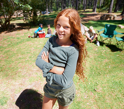 Buy stock photo Girl, kid and arms crossed in portrait summer camp and nature with fun outdoor for youth. Child at campsite in forest, adventure and vacation, childhood and recreation with happiness and smile