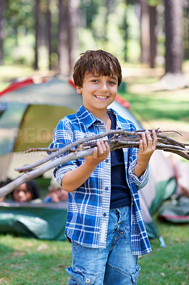 Buy stock photo Wood, camping or portrait of child in nature for playing, adventure or holiday vacation in park. Relax, confidence or happy male kid with smile in woods, garden or forest for fun hiking or wellness