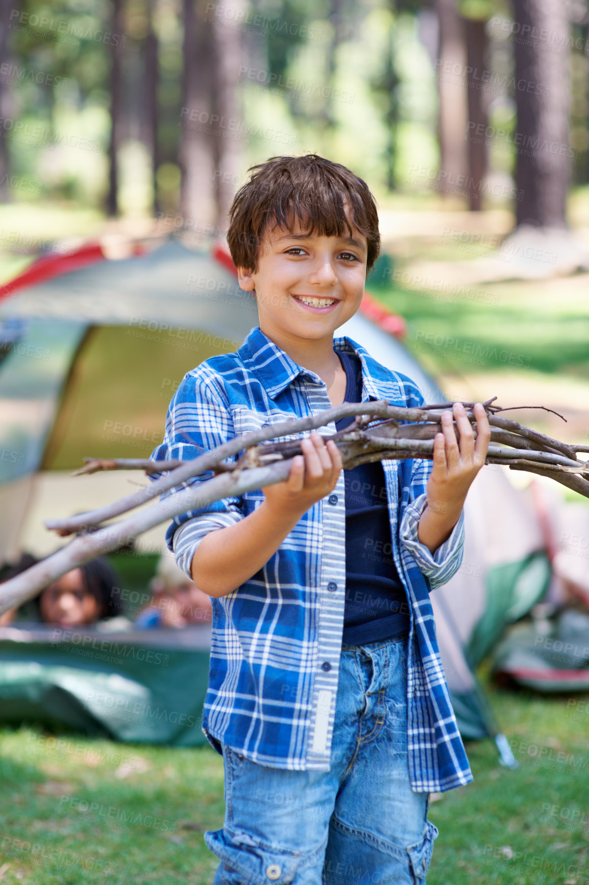 Buy stock photo Wood, camping or portrait of child in nature for playing, adventure or holiday vacation in park. Relax, confidence or happy male kid with smile in woods, garden or forest for fun hiking or wellness