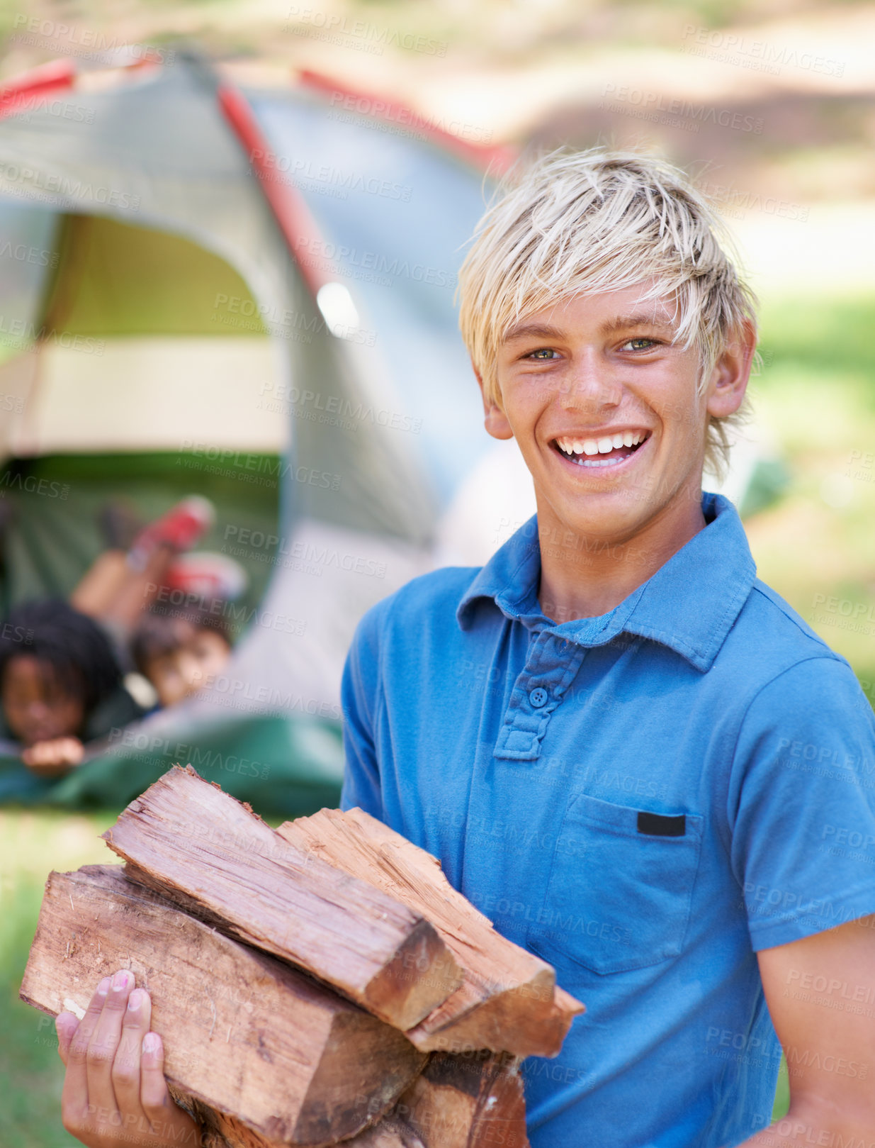 Buy stock photo Wood, camping or portrait of boy in nature for playing, adventure or holiday vacation in park. Relax, collect or happy child with smile or sticks in woods, garden or forest for fun hiking or wellness