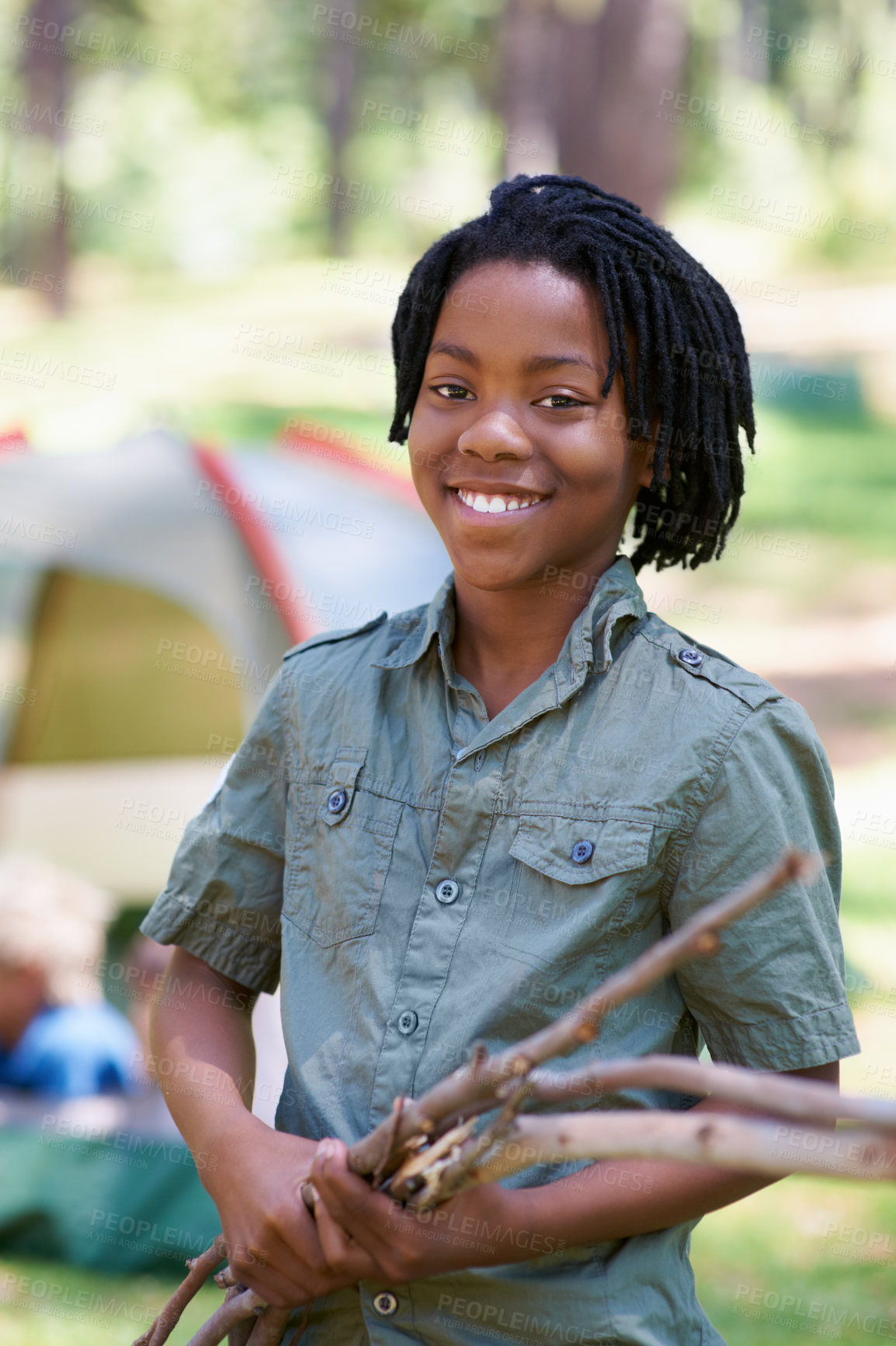 Buy stock photo Wood, camping or portrait of African child in nature playing, adventure or holiday vacation in park. Relax, collect or happy kid with smile or sticks in woods, garden or forest for hiking or wellness