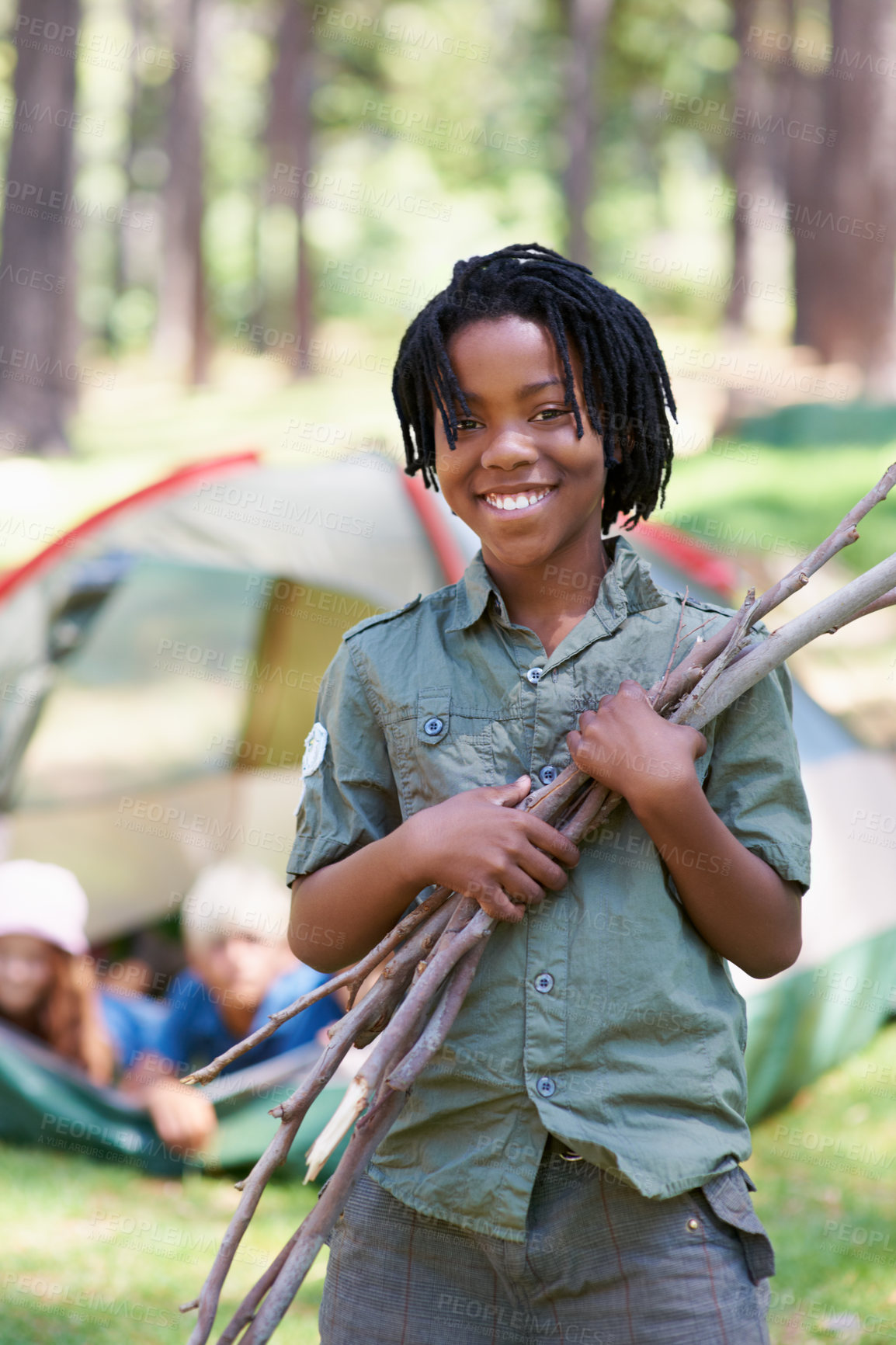 Buy stock photo Wood, camping or portrait of African boy in nature playing, adventure or holiday vacation in park. Relax, collect or happy kid with smile or sticks in woods, garden or forest for hiking or wellness