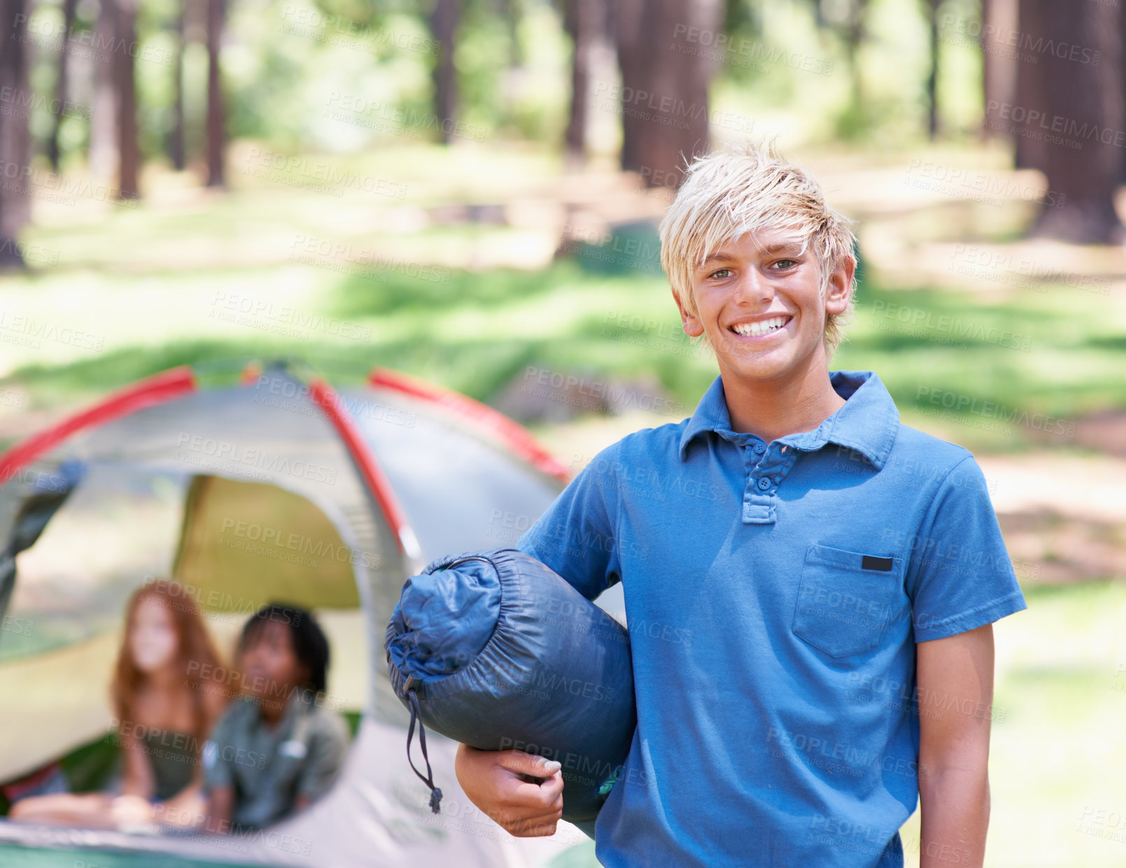 Buy stock photo Sleeping bag, camping or portrait of kid in nature playing, adventure or holiday vacation in park. Relax, start or happy child with smile in woods, garden or forest reading for fun hiking or wellness