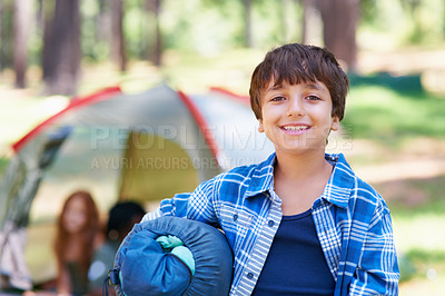Buy stock photo Sleeping bag, camping or portrait of happy kid in woods for adventure or holiday vacation in park. Relax, start or boy with smile in nature, garden or forest ready for fun hiking, travel or wellness