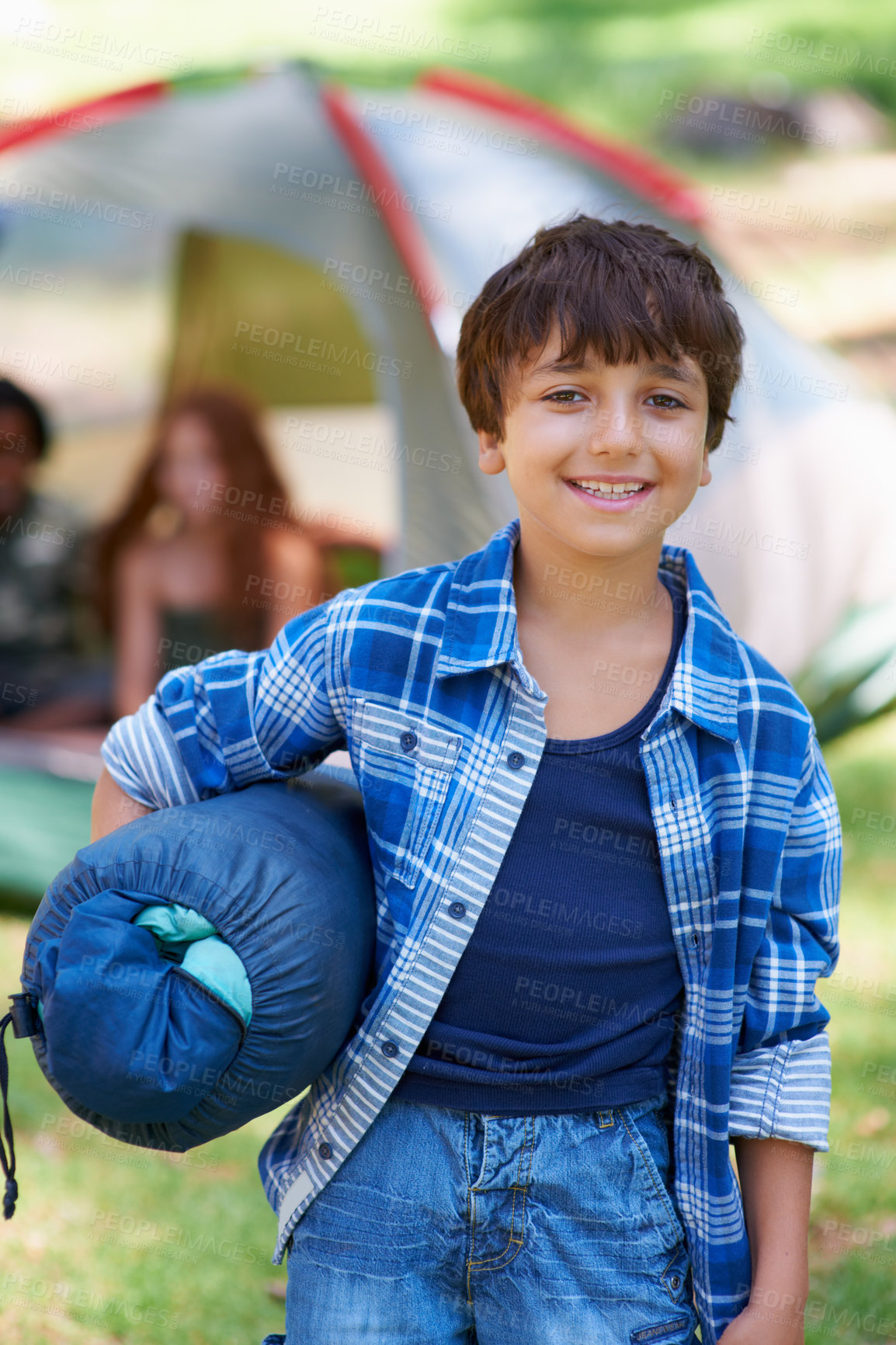 Buy stock photo Sleeping bag, camping or portrait of happy child in woods on adventure or holiday vacation in nature. Relax, start or boy with smile in park, garden or forest ready for fun hiking, travel or wellness