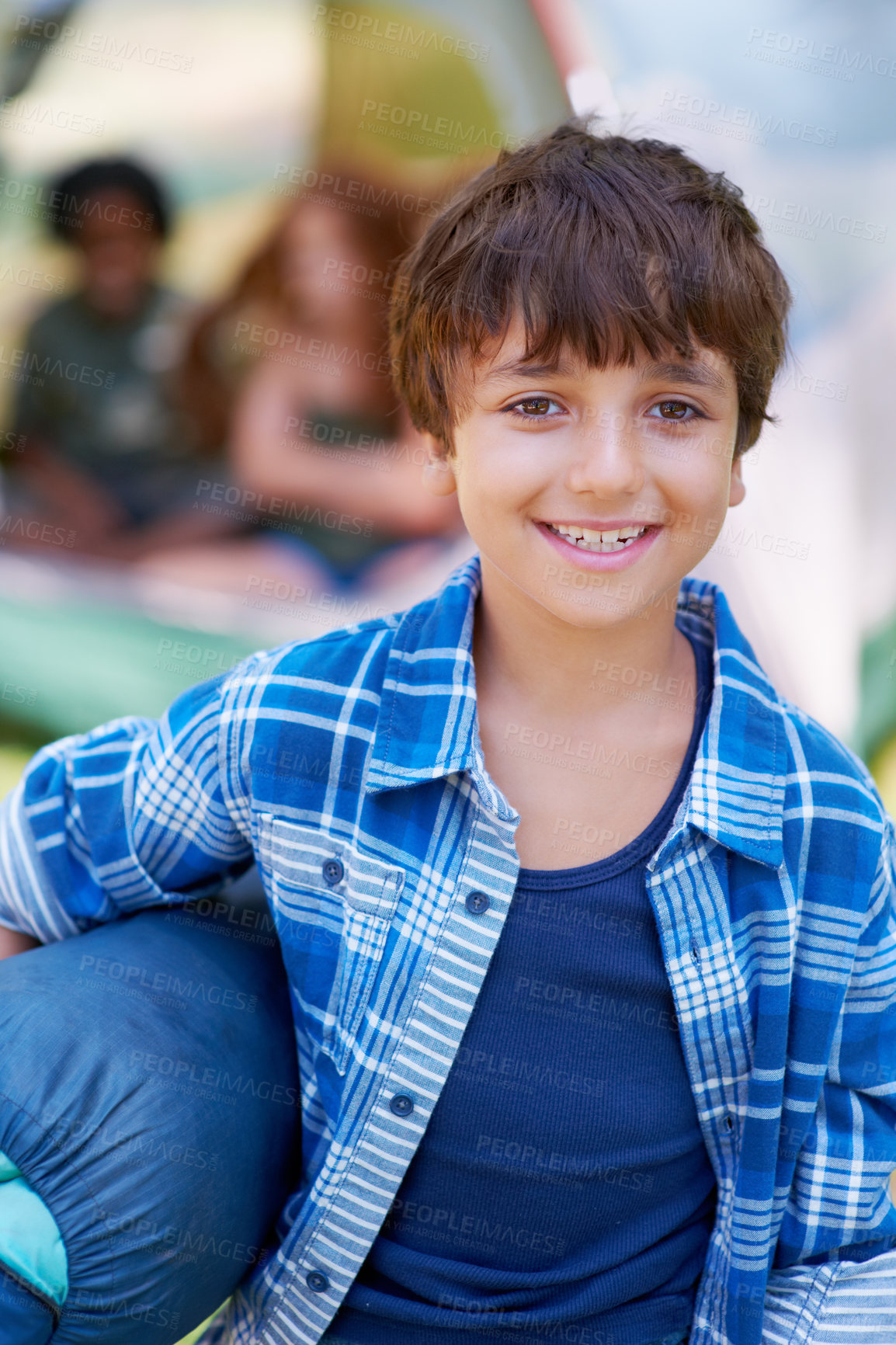 Buy stock photo Sleeping bag, camping or portrait of happy boy in woods on adventure or holiday vacation in nature. Relax, start or kid with smile in park, garden or forest ready for fun hiking, travel or wellness