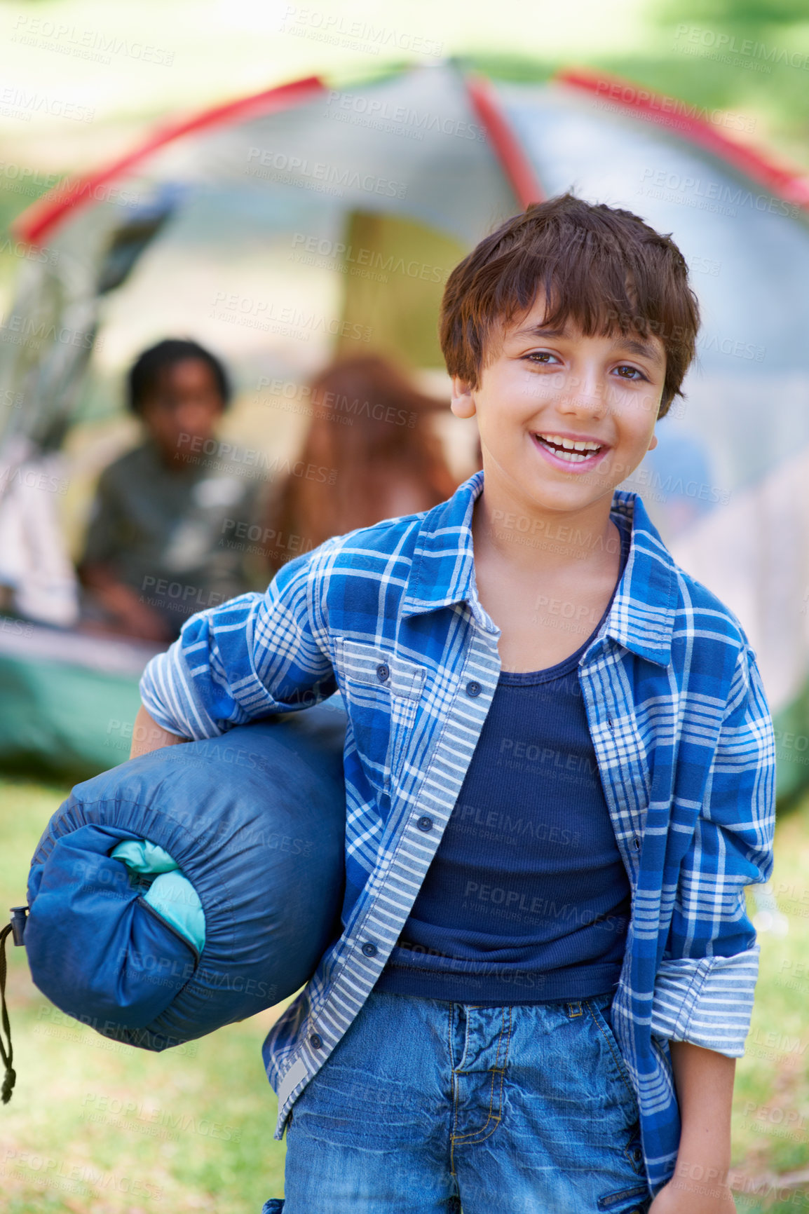 Buy stock photo Sleeping bag, camping or portrait of happy boy in forest on adventure or holiday vacation in nature. Relax, start or kid with smile in park, garden or woods ready for fun hiking, travel or wellness