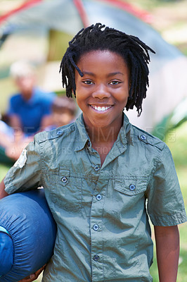 Buy stock photo Sleeping bag, camping or portrait of African kid in forest on adventure or holiday vacation in nature. Happy, start or boy with smile in park, garden or woods ready for fun hiking, travel or wellness