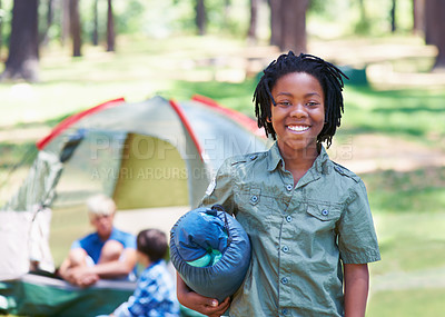 Buy stock photo Sleeping bag, camping or portrait of African kid in woods on adventure or holiday vacation in nature. Happy, start or boy smile in forest, garden or park ready for outdoor fun, travel or wellness