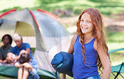 Buy stock photo Sleeping bag, camping or portrait of girl in woods on adventure or holiday vacation in nature. Happy, start or child with smile in forest, garden or park ready for fun hiking, travel or wellness