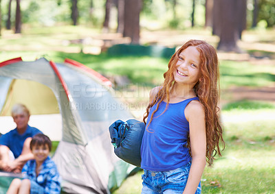 Buy stock photo Sleeping bag, camping or portrait of happy child in forest on adventure or holiday vacation in nature. Relax, start or girl with smile in park, garden or park ready for experience, travel or wellness