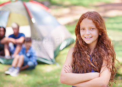 Buy stock photo Child, portrait and smile at summer camp in outdoors, fun and relaxing on vacation or holiday. Happy female person, kid and face or confident in park, childhood and adventure or cheerful in nature