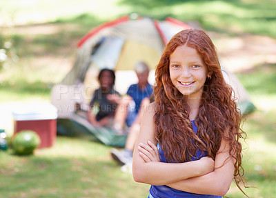 Buy stock photo Child, portrait and happy at summer camp in outdoors, fun and relaxing on vacation or holiday. Female person, smiling and face or confident in park, childhood and adventure or cheerful in nature