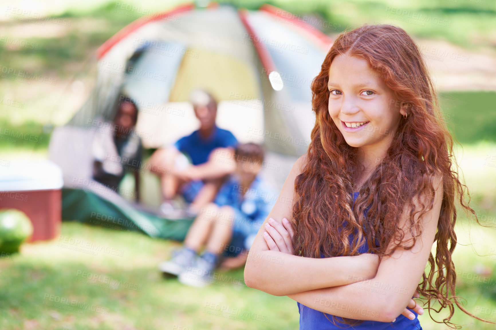 Buy stock photo Child, portrait and relaxing at summer camp in outdoors, fun and smiling on vacation or holiday. Happy female person, kid and face or confident in park, childhood and adventure or freedom in nature