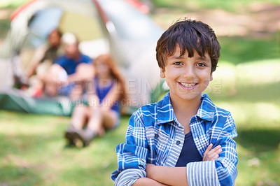 Buy stock photo Kid, portrait and smile on camping adventure in outdoors, happy and relaxing on vacation or holiday. Male person, child and face or confident in park, childhood and summer or cheerful in nature