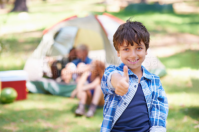Buy stock photo Happy kid, portrait smile and thumbs up for camping success, winning or victory in nature. Little boy or child smiling and showing thumb emoji, yes sign or like for camp setup, victory or approval