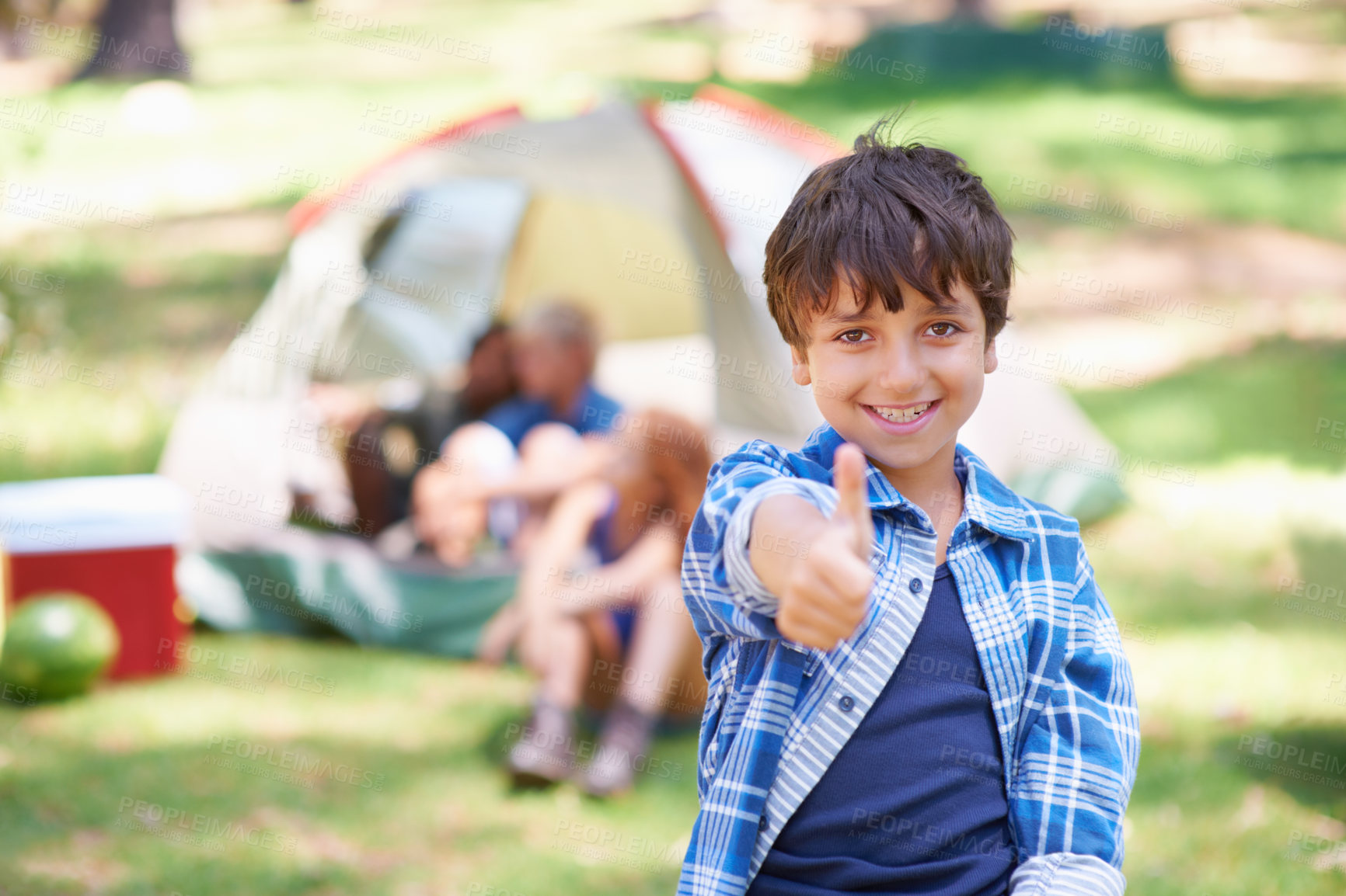 Buy stock photo Happy kid, portrait smile and thumbs up for camping success, winning or victory in nature. Little boy or child smiling and showing thumb emoji, yes sign or like for camp setup, victory or approval