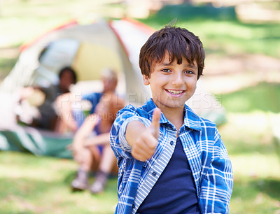 Buy stock photo Happy child, portrait smile and thumbs up for camping success, winning or victory in nature. Little boy or kid smiling and showing thumb emoji, yes sign or like for camp setup, victory or approval
