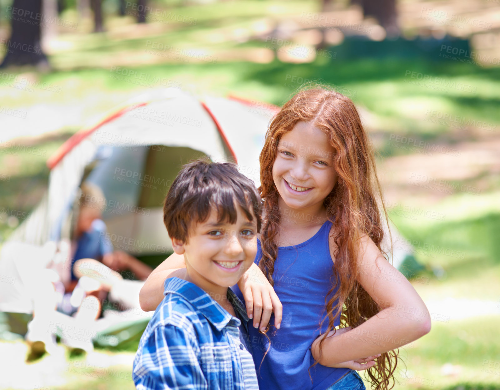 Buy stock photo Camping, children and happy in portrait while outside, bonding and freedom in outdoor adventure. Kids, face and smiling together on holiday, friendship and vacation in nature, relaxing and grass