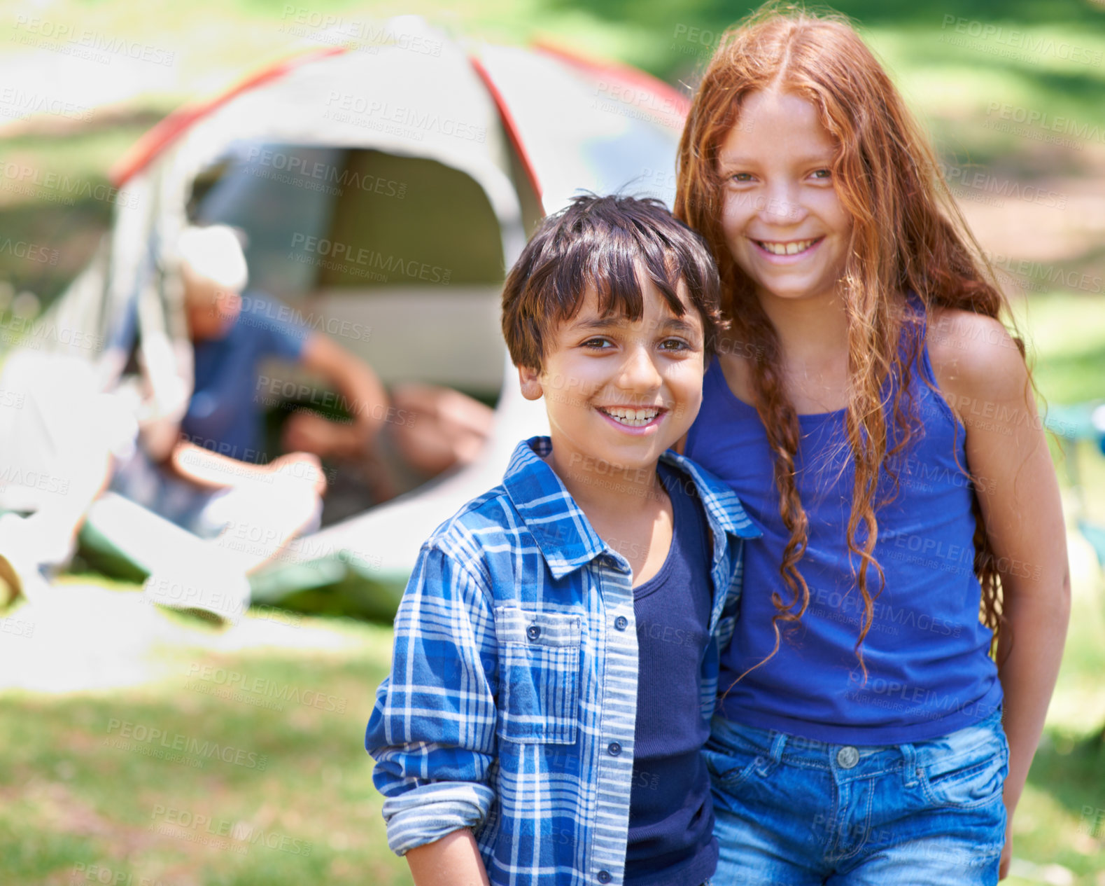 Buy stock photo Camping, kids and happy in portrait while outside, bonding and carefree in outdoor adventure. Children, face and smiling together on holiday, friendship and vacation in nature, relaxing and grass