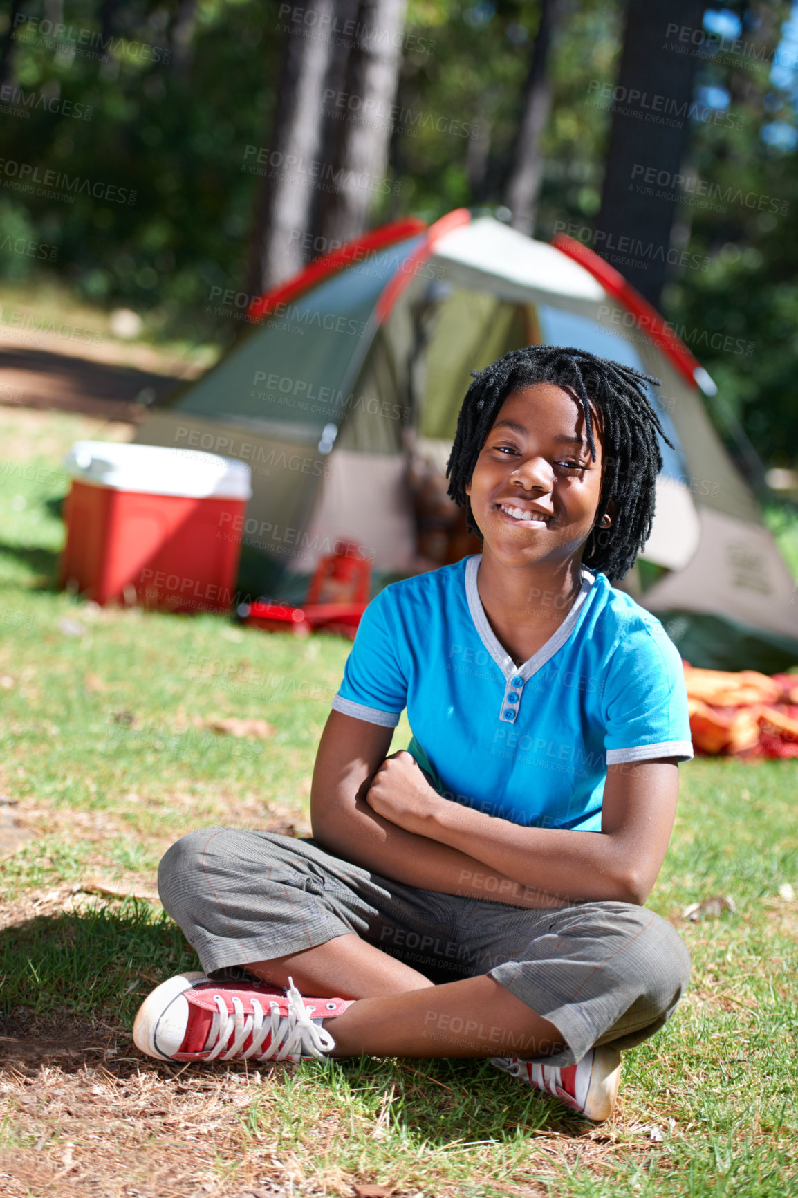 Buy stock photo Happy, camping or portrait of African child in nature for playing, adventure or holiday vacation in park. Relax, crossed arms or kid with smile in woods, garden or forest for fun hiking or childhood