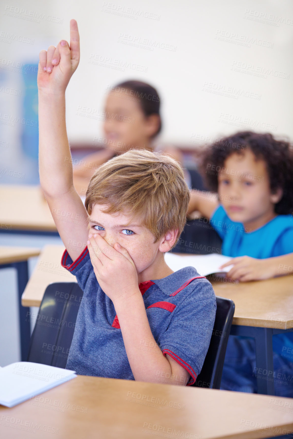 Buy stock photo Young boy, classroom and hand up for bad smell, odor or scent sitting by desk at school. Little male person, student or youth with question to leave class from disgust, fart or breathe in bacteria