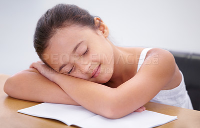 Buy stock photo Child, sleeping or tired student in classroom with burnout, dream or low energy for homework. Happy girl, school or exhausted female kid bored by books with fatigue, education or adhd in a lazy nap