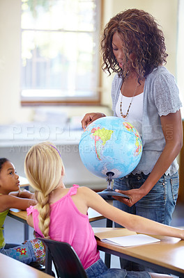 Buy stock photo Globe, woman teacher and children in classroom for geography education, world learning and earth knowledge. African person with school kids for teaching global information, planet and map location 