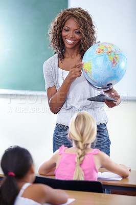 Buy stock photo Geography, globe and teacher with children in classroom for education, world learning and happy earth knowledge. African person with school kids for teaching global, planet and map location 