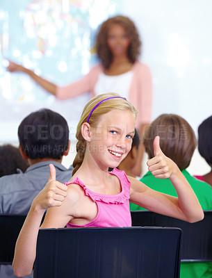 Buy stock photo Thumbs up, classroom and girl portrait for learning success, support and thank you sign for education, school or geography. Like, yes and achievement hands or emoji of happy child with map teaching